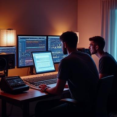 Equipe colaborando em estúdio digital de música